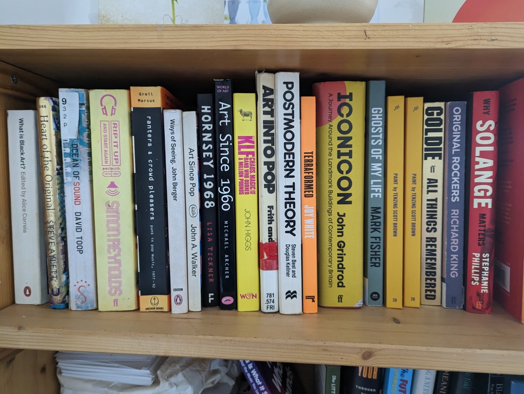 The bookshelf in my studio showing the current books I am reading